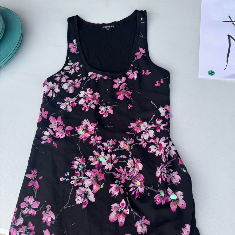 Express Black and Pink Floral Tank Top
